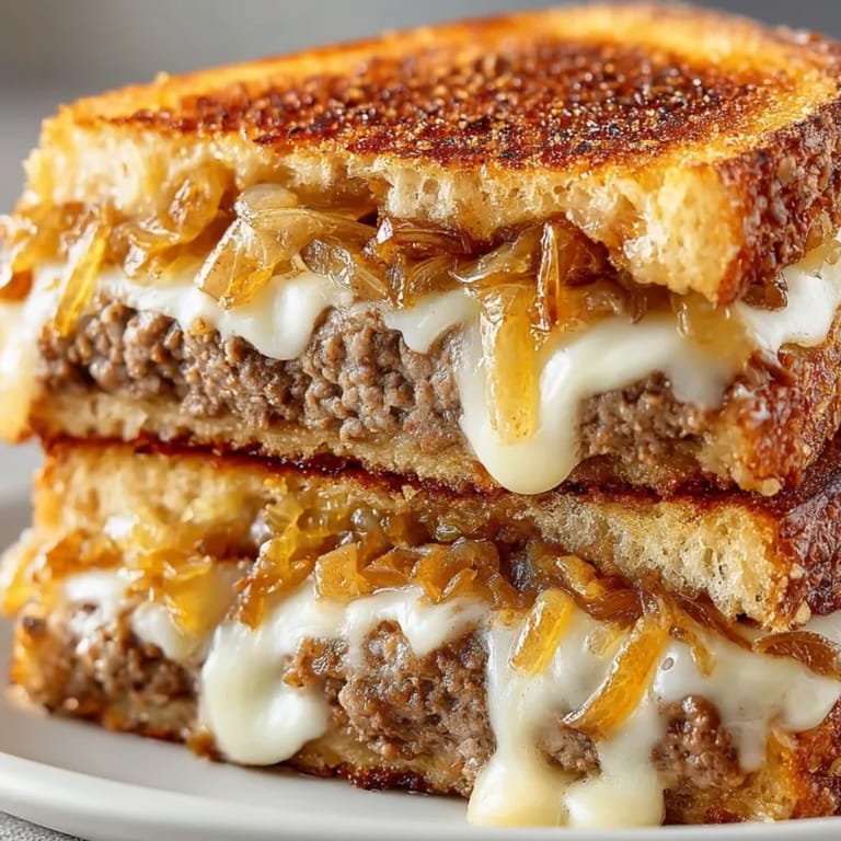 Close-up of a juicy Patty Melt Grilled Cheese, oozing cheese and savory beef filling.