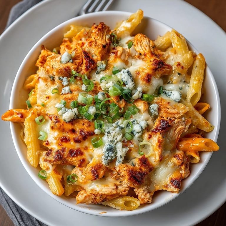 Served hot, flavorful Buffalo Chicken Pasta Bake fresh from the oven, ready to eat.