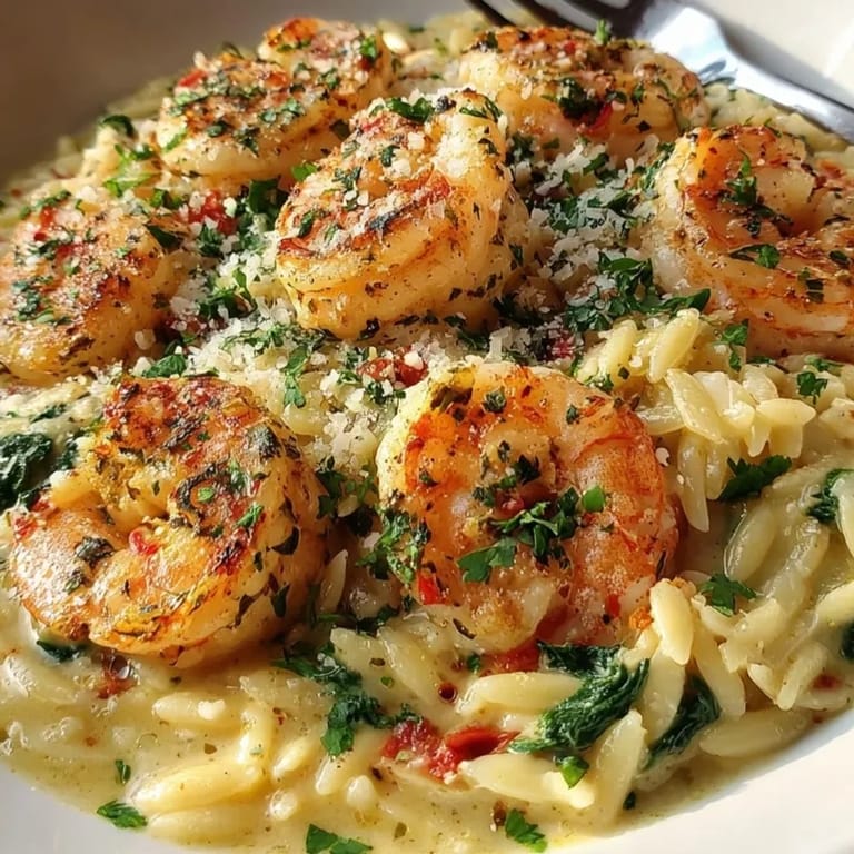 A close-up shot of Creamy Lemon Orzo and Shrimp, garnished with fresh parsley.