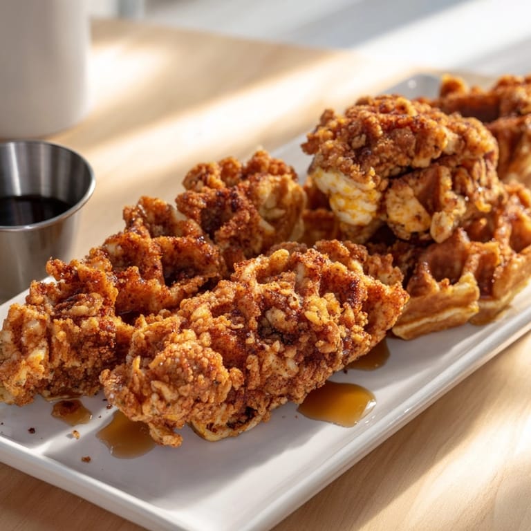 Homemade Crispy Chicken Waffle Sticks: sweet and savory comfort food, delicious and fun.