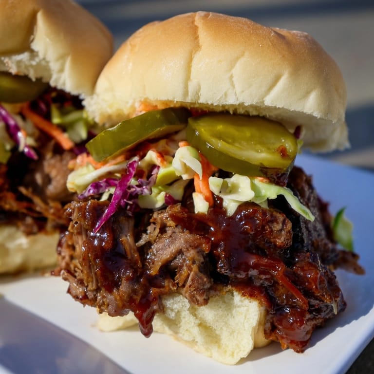 Stacked smoky brisket slider tray, a flavorful bite suitable for game day snacking.