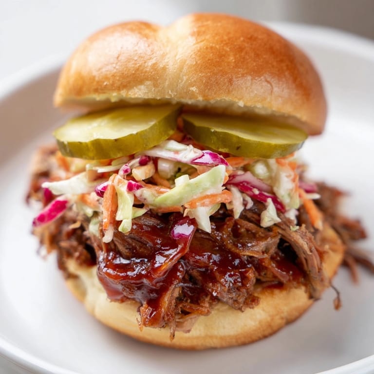 Homemade smoky brisket slider tray offering savory beef and tangy coleslaw for an easy meal.