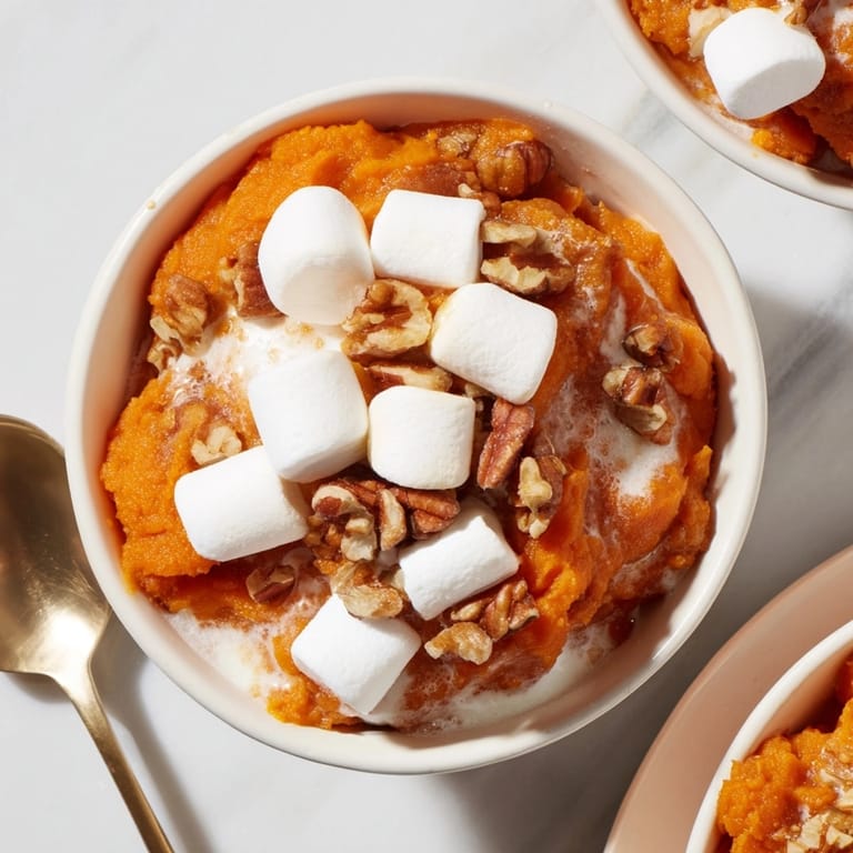 Festive Marshmallow Pecan Yams&mdash;fluffy marshmallows atop sweet yams and nutty pecans, oven-baked to perfection.