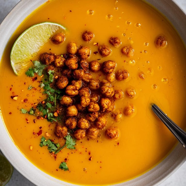 Smooth and spiced Thai pumpkin soup: comforting warmth with crispy, smoky chickpea topping.