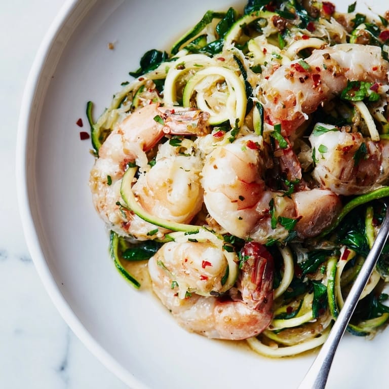 Golden Shrimp Scampi Zucchini Noodles, ready to serve, garnished with fresh parsley.