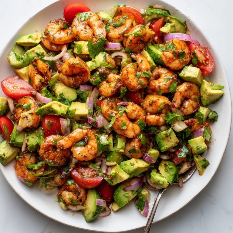 A spoon scoops the delightful Shrimp and Avocado Salsa Salad, bursting with fresh cilantro and lime.
