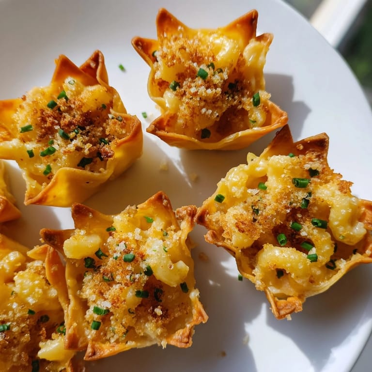 Buttery, cheesy Mac and Cheese Crispy Wonton Cups, a fun party food idea.