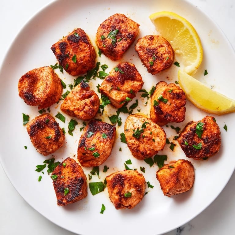 Close up of deeply flavorful Cajun Blackened Salmon Bites sizzling in a cast-iron skillet.