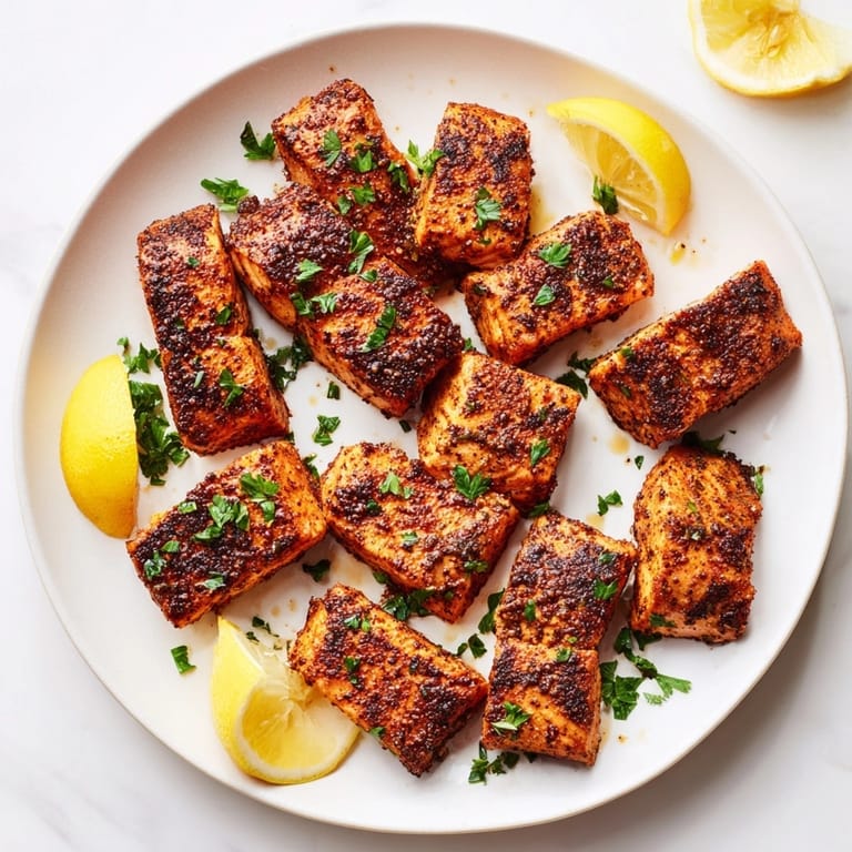 Golden brown Cajun Blackened Salmon Bites, garnished with parsley and lemon wedges, ready to serve.