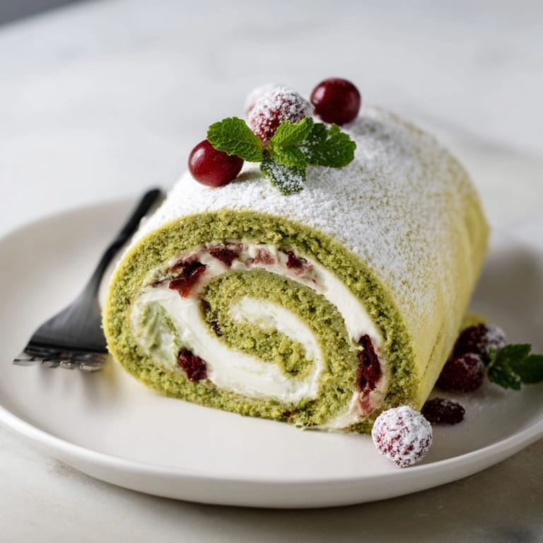 Homemade Matcha Swiss Roll recipe, filled with tart cranberry cream, a delightful dessert.