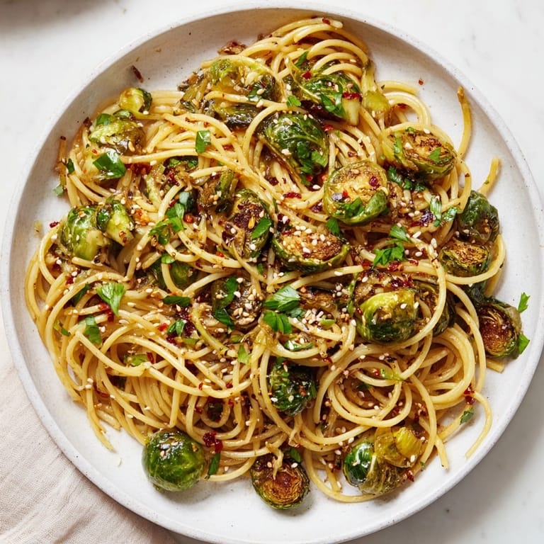 Savory Maple-Soy Roasted Brussels Sprouts Pasta: sweet and savory, a comforting vegetarian dinner.