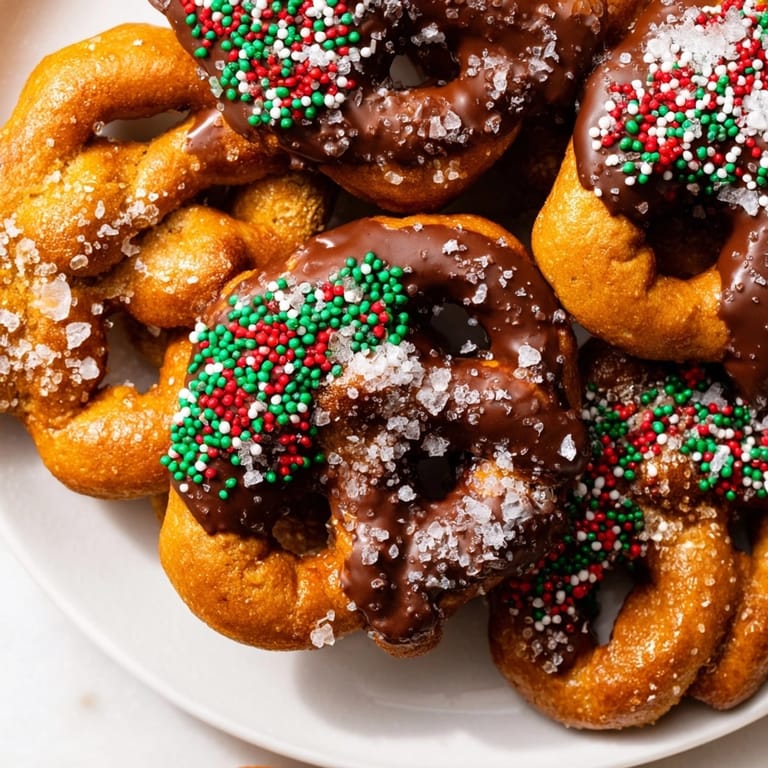 Golden-baked Festive Pretzel Christmas Cookies cooling on a rack, showing off colorful sprinkles.