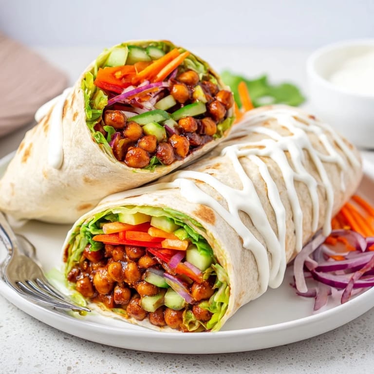 Vegan chickpea wraps bursting with spicy BBQ flavor and crisp lettuce.  