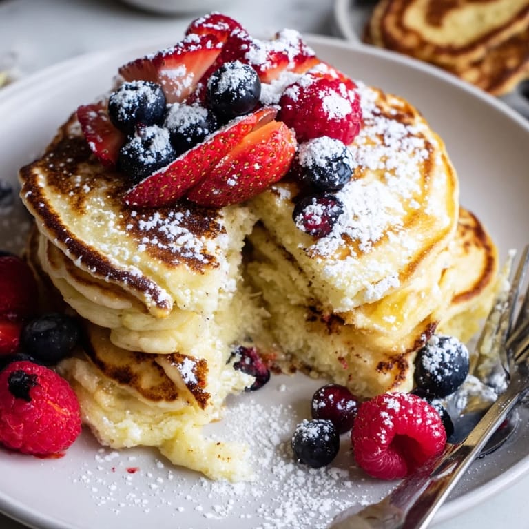 Warm, fluffy Ricotta Berry Orange Pancakes served with vibrant mixed berries for extra flavor.