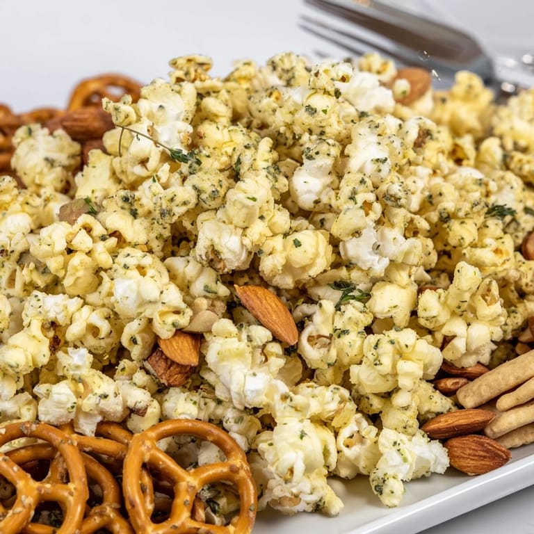 Crunchy Garlic Herb Popcorn Snack Mix with fresh herbs garnishing the bowl.