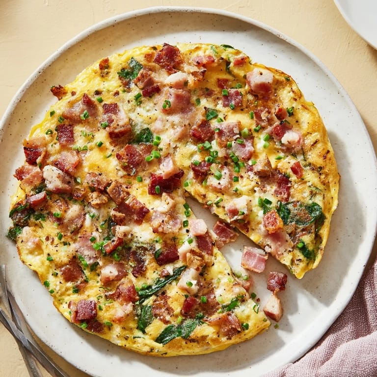 Savory ricotta herb bacon frittata sliced and served with a green salad.  