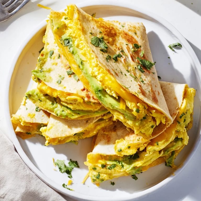 Golden-brown Avocado Egg Cheddar Quesadillas, loaded with fluffy eggs and fresh avocado.  