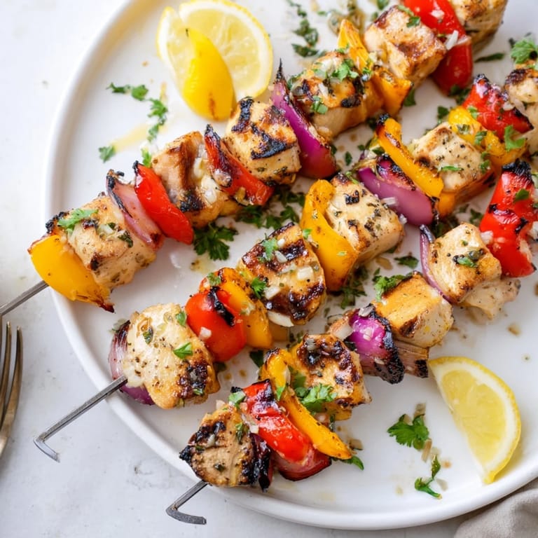 Deliciously charred Garlic Parmesan Chicken Kabobs garnished with fresh parsley and lemon.