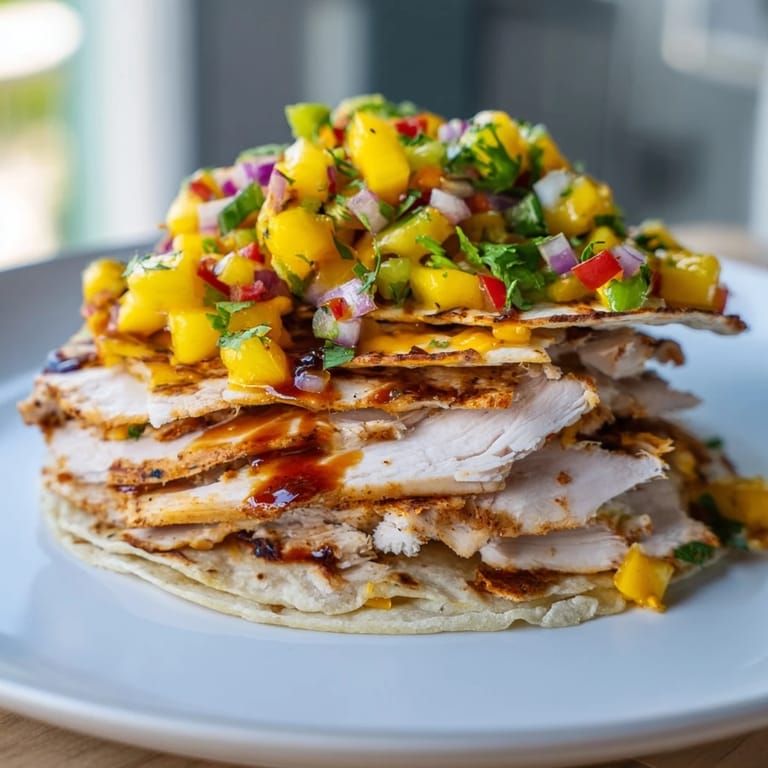 Crisp tortillas sandwich smoky grilled chicken and fruity mango salsa for a delicious meal.  