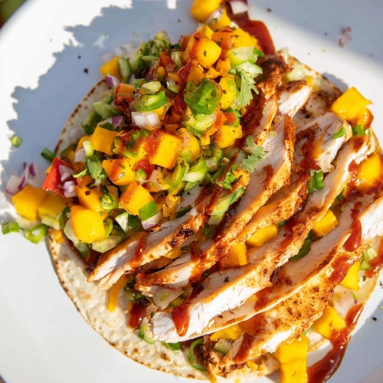 Savor the fusion of mango BBQ chicken in warm, crispy tortilla stacks bursting with flavor.