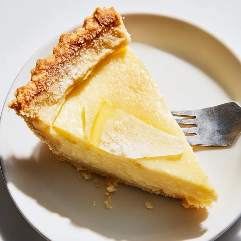 Sliced water pie showcasing its custard-like texture and sweet vanilla aroma.  