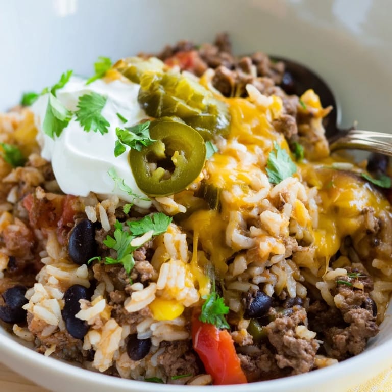 Warm, comforting Tex-Mex Beef & Rice Casserole topped with cilantro and creamy sour cream.