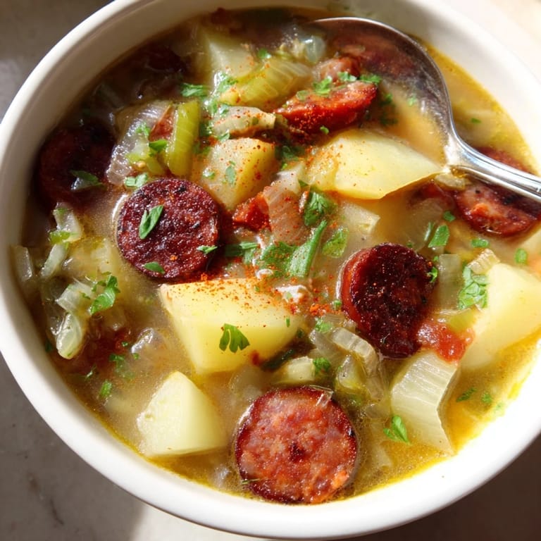 Warm and spicy potato, leek, and chorizo soup perfect for chilly evenings.