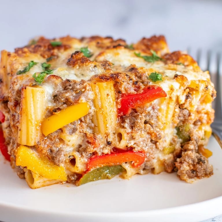 Delicious Baked Rigatoni with Sausage & Peppers, bubbling with savory tomato sauce and cheese.  