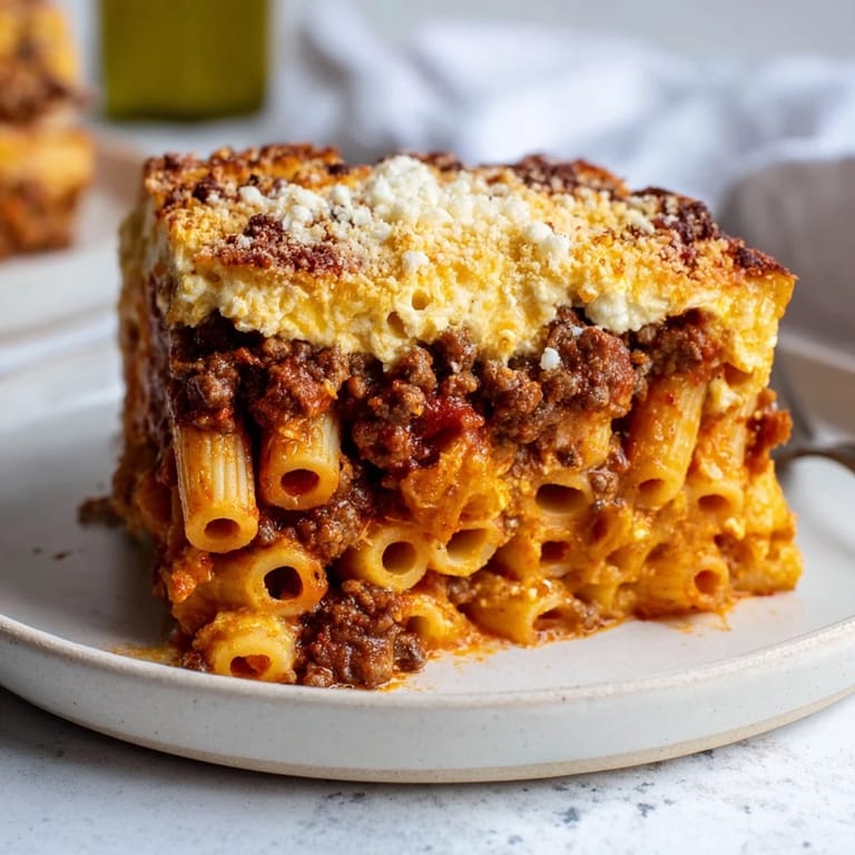 Savory Greek Pastitsio made with spiced beef and cheesy pasta layers.