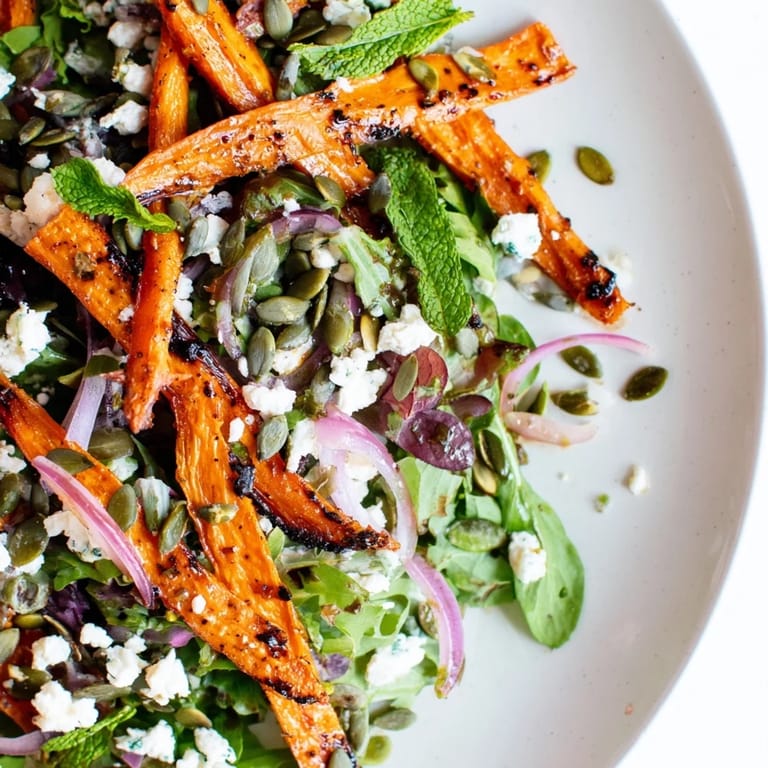 Colorful Roasted Carrot & Feta Salad featuring sweet carrots, feta, and crunchy textures garnished beautifully.