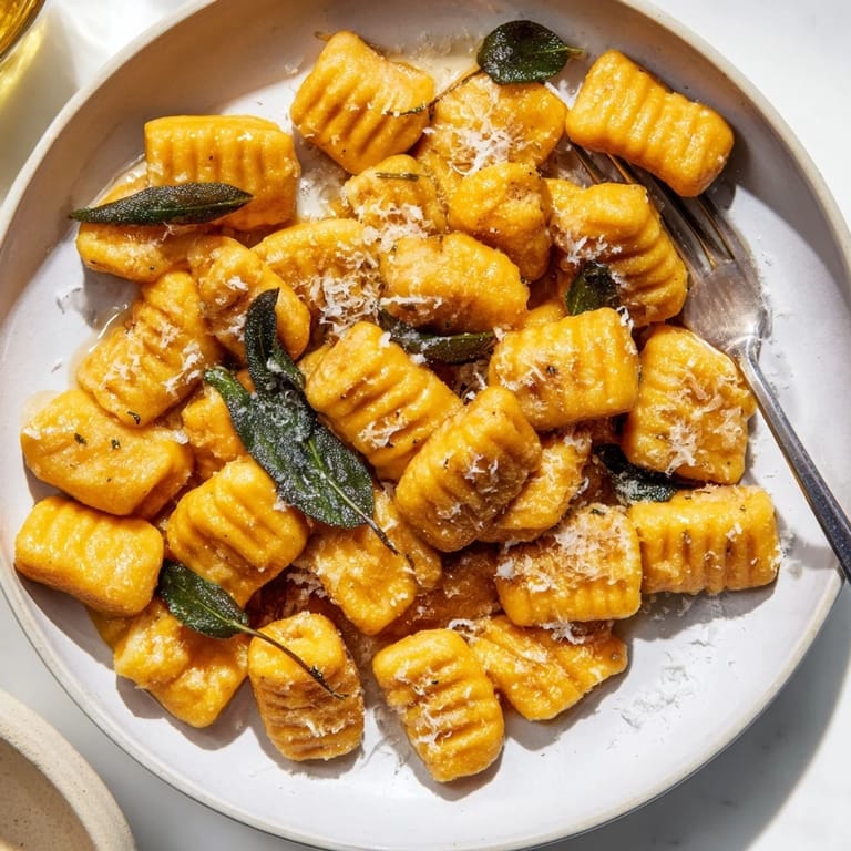 Golden sweet potato gnocchi smothered in fragrant sage butter, garnished with Parmesan.  