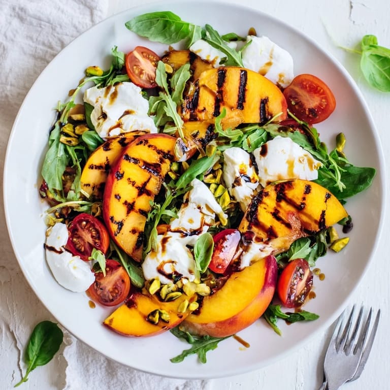 Refreshing Grilled Peach & Burrata Salad served on arugula, topped with toasted nuts.