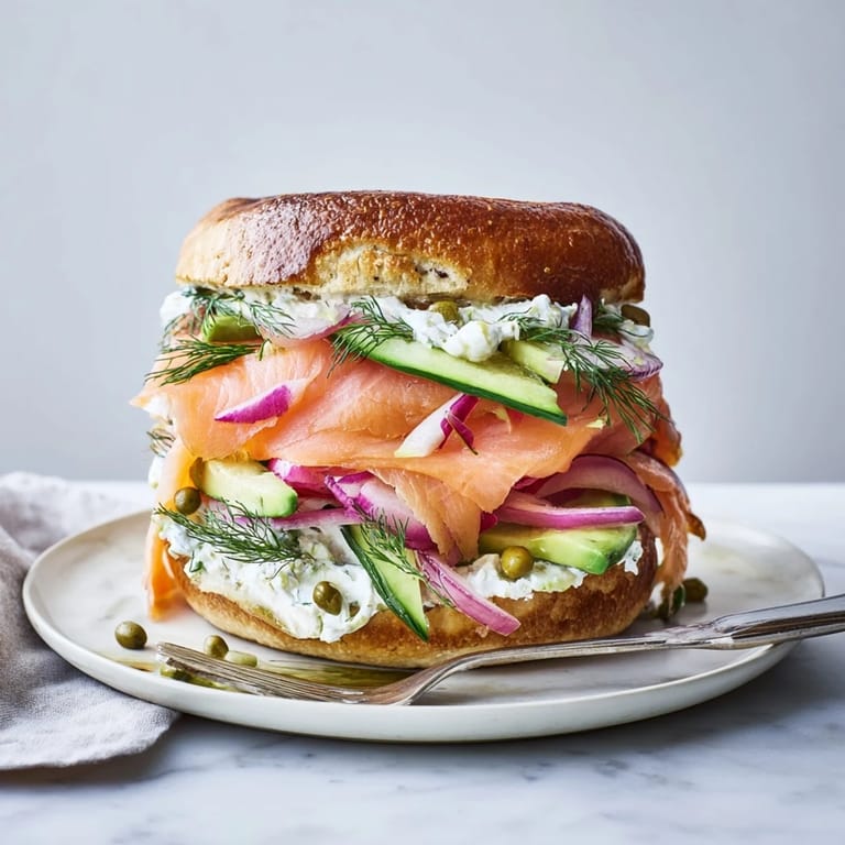 Delicious smoked salmon & dill bagel sandwiches served with creamy dill spread and capers.  