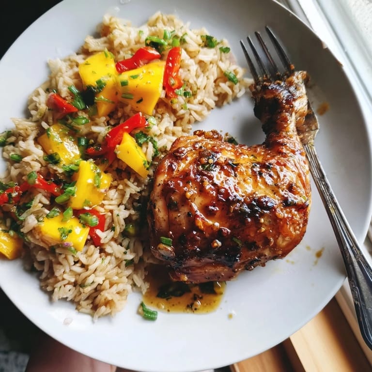 Savory jerk chicken alongside fragrant mango rice, a delightful Caribbean-inspired dish.