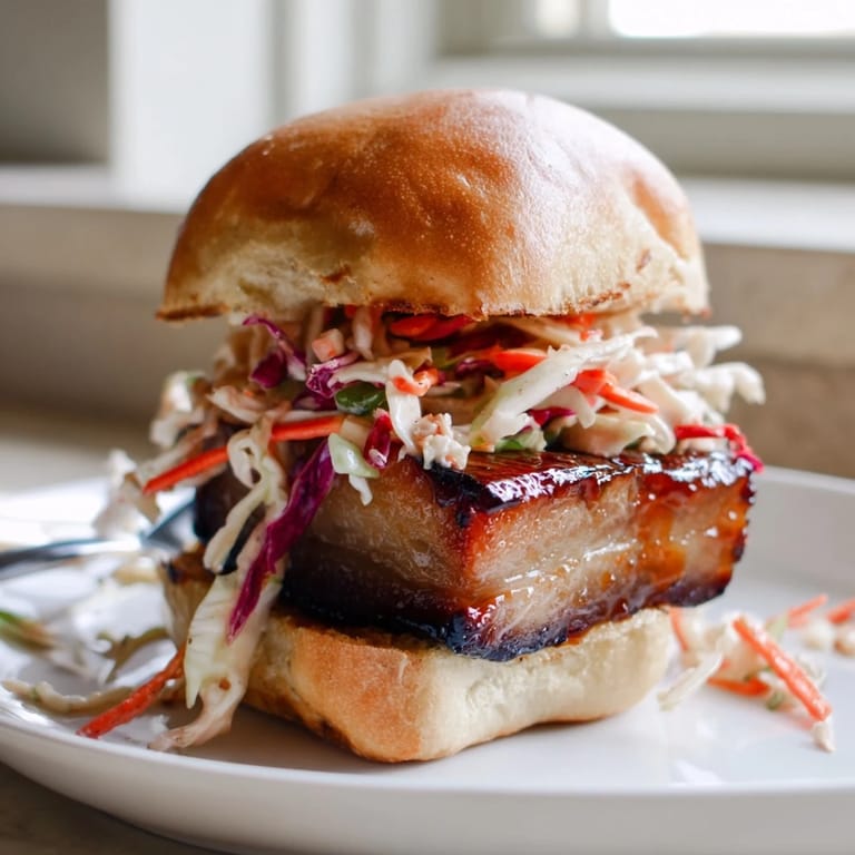 Savory bourbon glazed pork belly sliders served warm, bursting with flavor and texture.