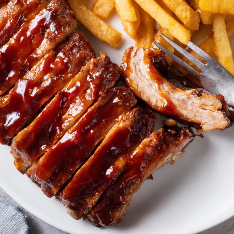Bourbon BBQ glazed ribs resting beside crunchy sweet corn fries, perfect for summer BBQs.