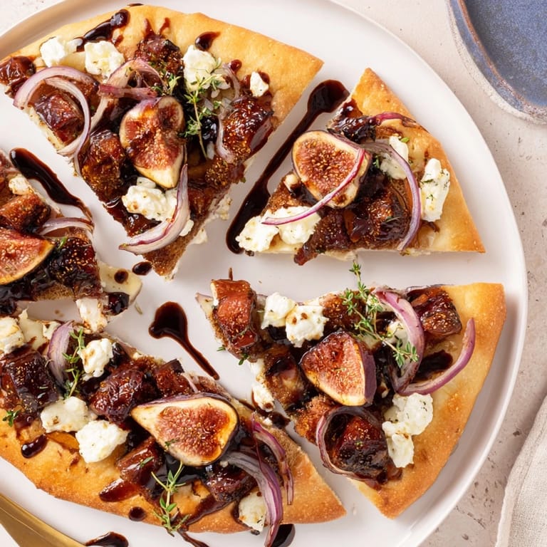 Golden-brown Roasted Balsamic Fig & Bacon Flatbread, a perfect appetizer for any gathering.
