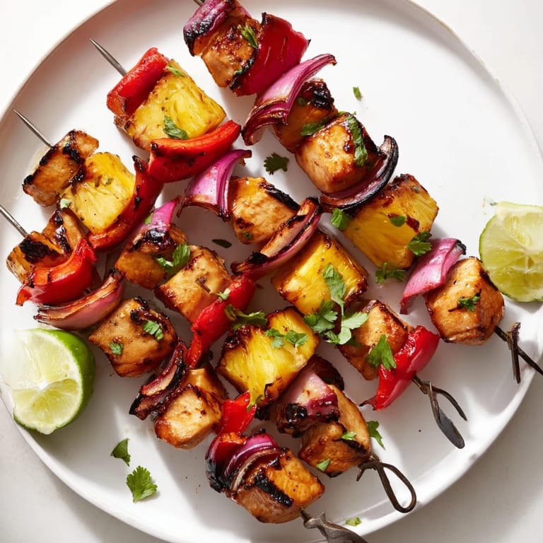 Delicious Sweet & Savory Pineapple Chicken Skewers served with lime wedges for a tangy kick.  