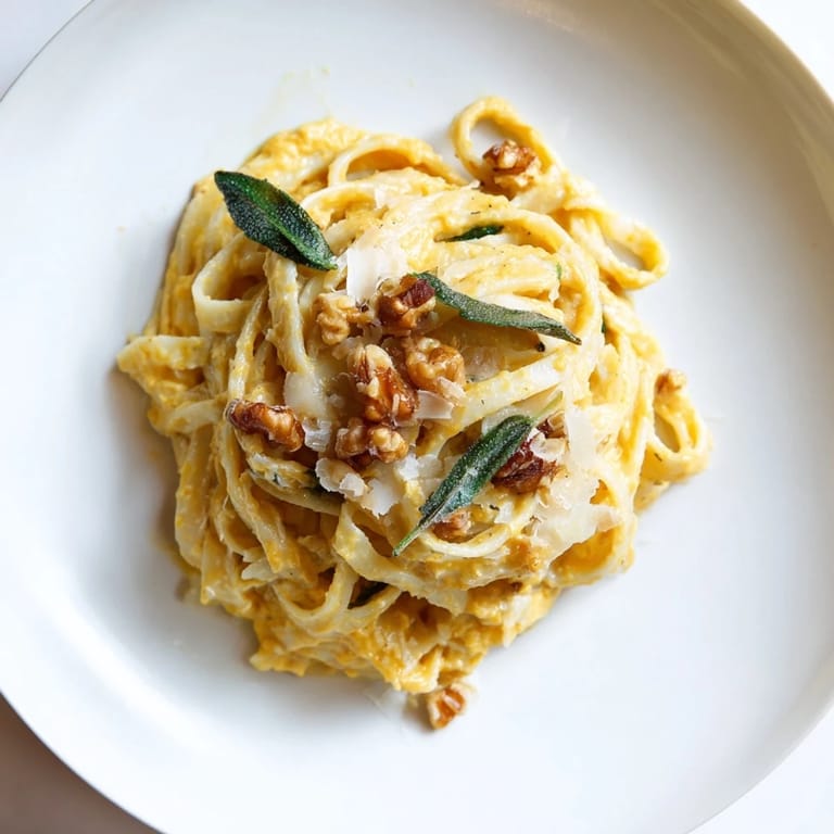 Hearty pumpkin pasta topped with crunchy walnuts and fragrant sage leaves.  