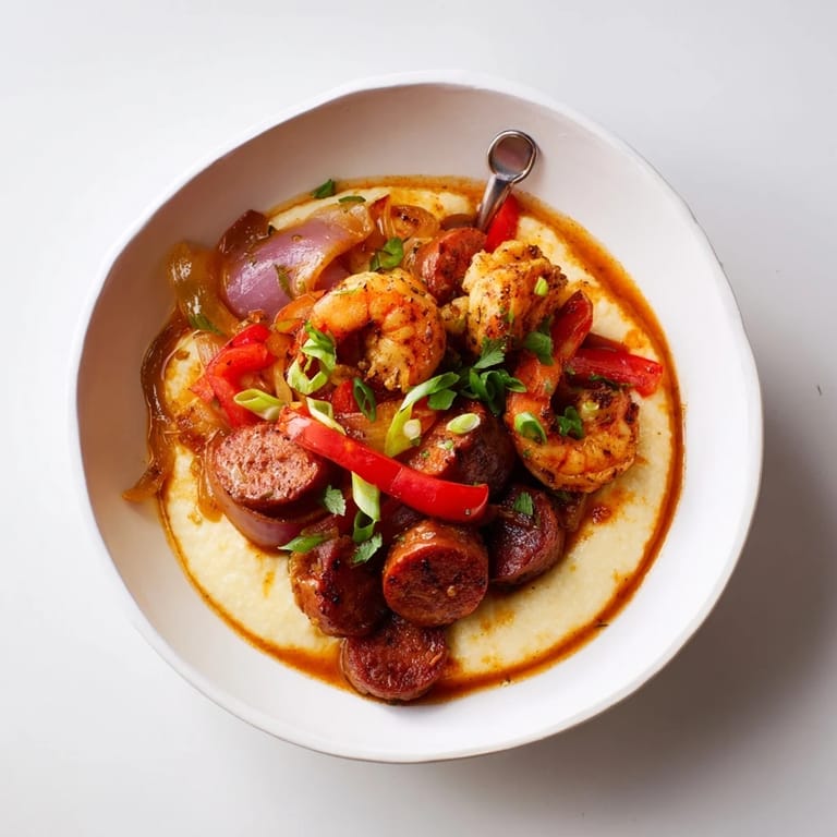 Savory Cajun shrimp & grits, garnished with fresh parsley and scallions.