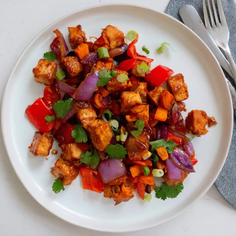 Delicious BBQ Tofu & Sweet Potato Hash garnished with spring onions, full of flavor.