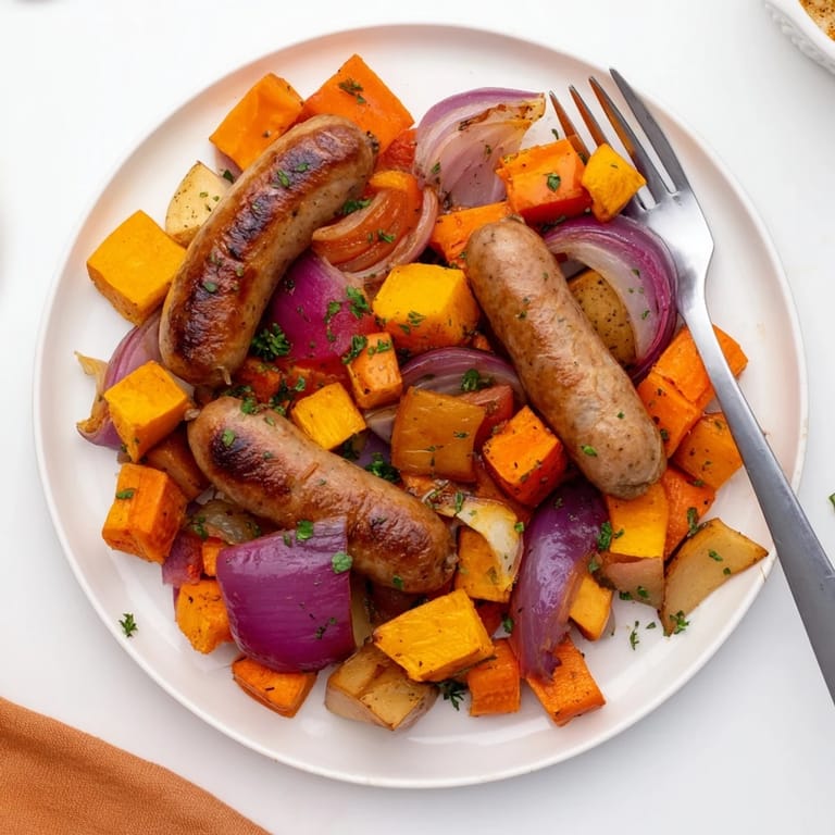 Enjoy a delicious plate of Sheet Pan Roasted Sausage, Squash & Root Vegetables, with herbs and roasted goodness.
