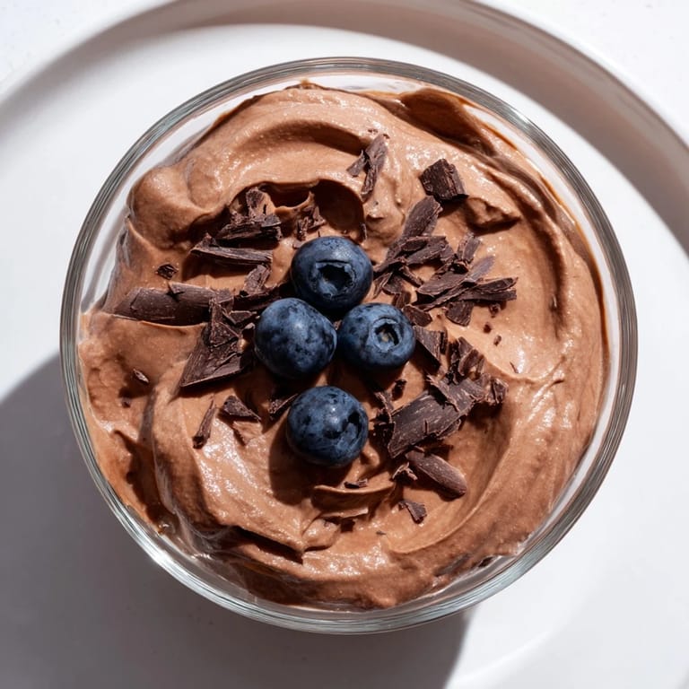 Luscious No-Bake Cottage Cheese Chocolate Mousse—a simple, high-protein dessert with optional shaved dark chocolate.