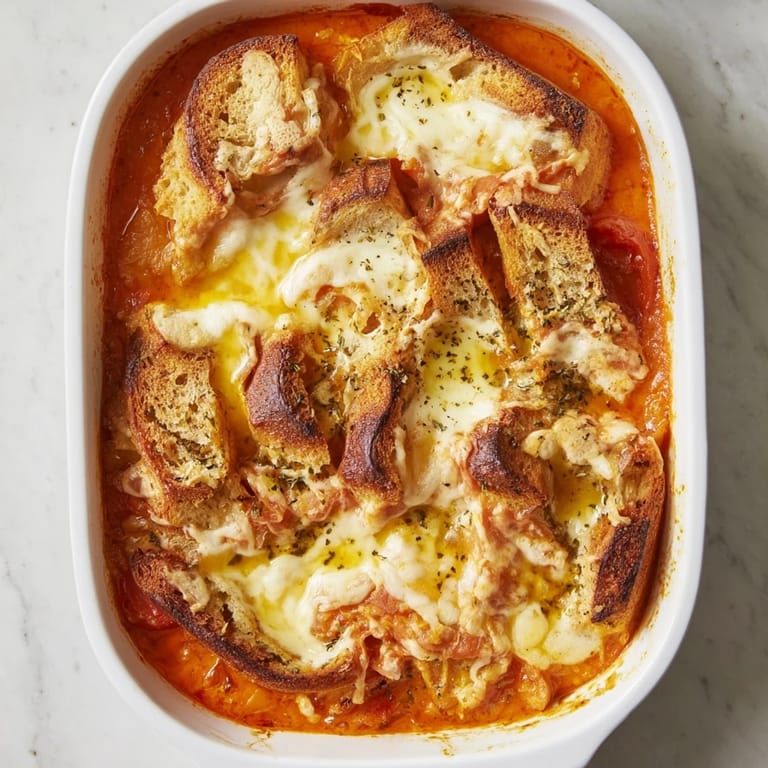 Creamy homemade Easy Tomato Soup & Grilled Cheese Casserole Bake, bubbling in a baking dish. The crunchy bread absorbs the flavorful soup.