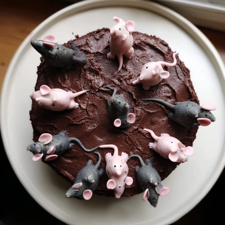 Detailed shot: the Rat Cake features dark chocolate cake, fluffy ganache, and playful marzipan rats.