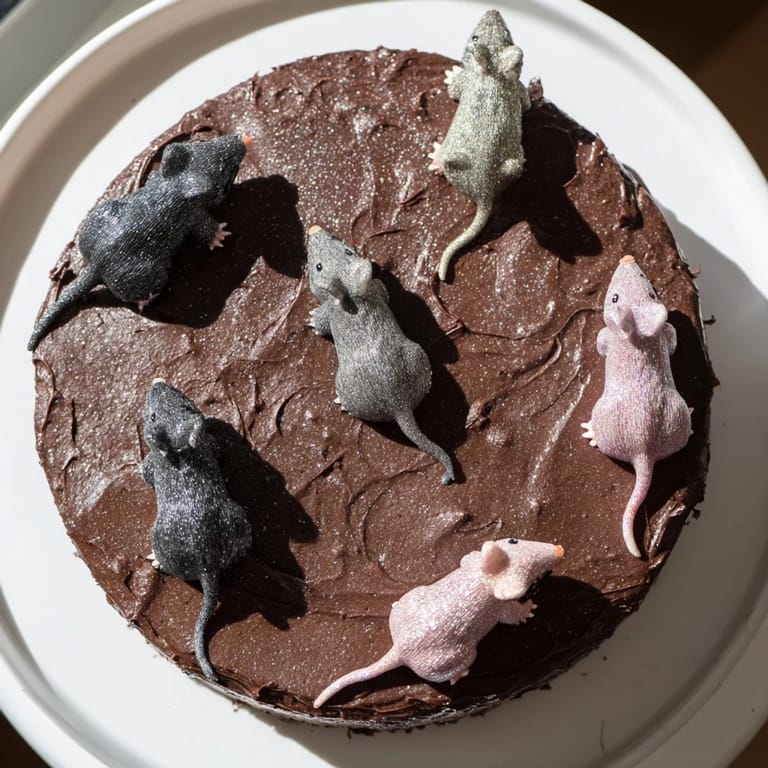 Decadent, sliceable Rat Cake: enjoy a slice of this rich chocolate dessert with its whimsical design.