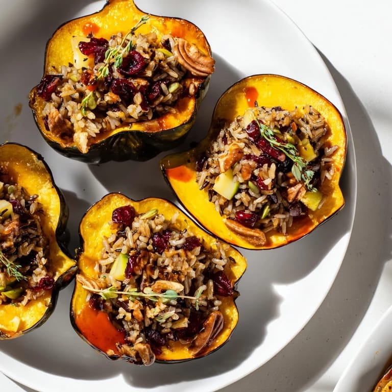 Savory and sweet Stuffed Acorn Squash halves, overflowing with a wild rice and veggie blend.