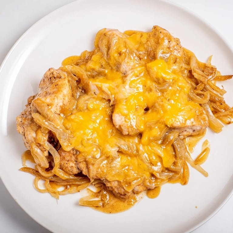This Instant Pot French Onion Chicken recipe shows juicy chicken breasts in rich, caramelized onion gravy.