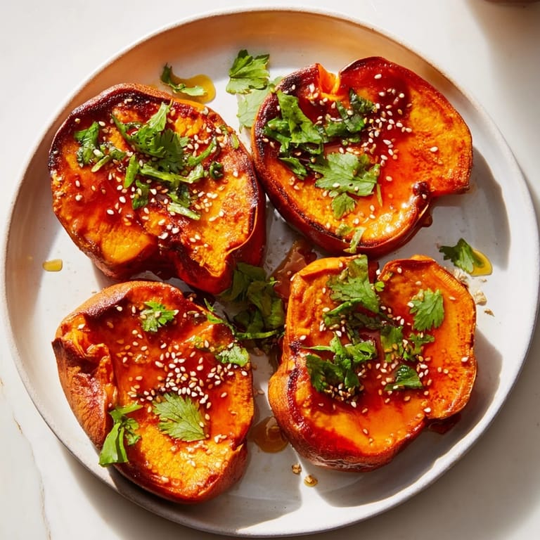 Crispy-edged Smashed Sweet Potatoes, drizzled with gochujang honey butter, offering sweet and spicy flavors.