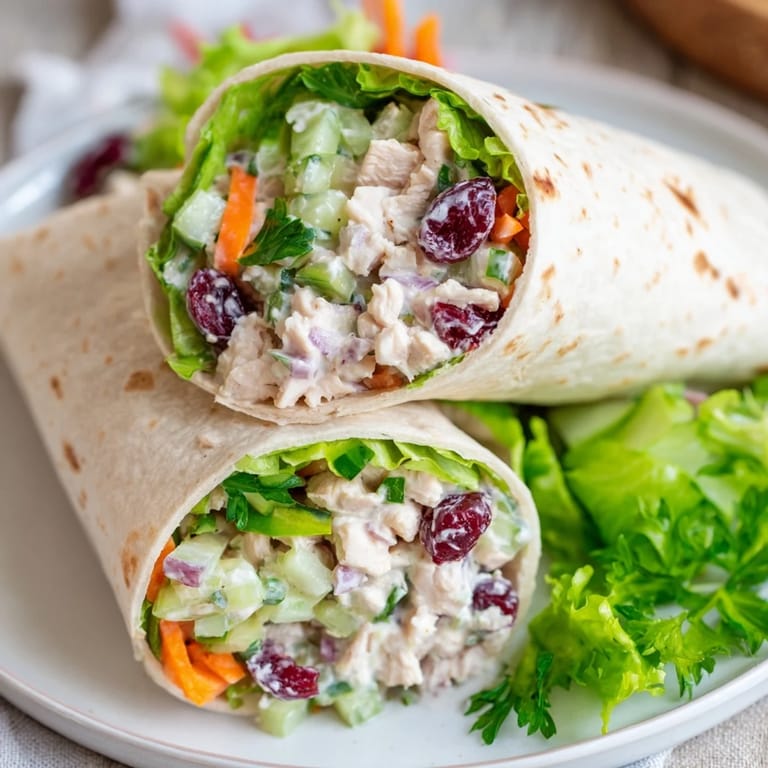 Enjoy a close-up of delicious Cranberry Relish Chicken Salad Wraps, perfect for a picnic or quick meal.
